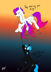 Size: 1280x1811 | Tagged: safe, artist:hrabiadeblacksky, oc, oc only, oc:hrabia de black sky, oc:miltti, pegasus, pony, unicorn, duo, rope