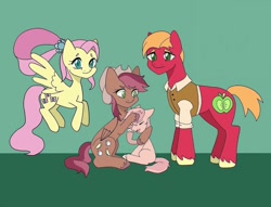 Size: 1080x824 | Tagged: safe, artist:galaxy._.bro, big macintosh, fluttershy, oc, oc:sugar cube, g4, alternate hairstyle, alternate timeline, blank flank, brother and sister, clothes, colt, cowboy hat, cutie mark, family, female, filly, flying, green background, hat, male, noogie, offspring, older, older big macintosh, older fluttermac, older fluttershy, parent:big macintosh, parent:fluttershy, parents:fluttermac, ship:fluttermac, shipping, siblings, simple background, sitting, standing, straight, unshorn fetlocks, vest