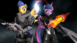 Size: 1920x1080 | Tagged: safe, artist:that1guy, flash sentry, twilight sparkle, alicorn, pegasus, anthro, g4, 3d, commander shepard, crossover, female, femshep, garrus vakarian, grin, gun, implied shipping, looking at you, male, mass effect, n7 armor, omni-blade, rifle, science fiction, ship:flashlight, shipping, smiling, smiling at you, smirk, sniper rifle, source filmmaker, space, straight, twilight sparkle (alicorn), visor, weapon