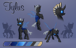 Size: 3388x2171 | Tagged: safe, artist:tsswordy, oc, oc only, oc:tylus, changeling, blue eyes, changeling oc, fangs, glowing, glowing eyes, high res, horn, male, reference, reference sheet, solo, wings