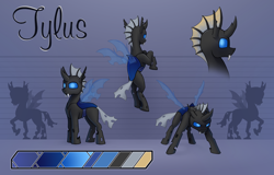 Size: 3388x2171 | Tagged: safe, artist:tsswordy, oc, oc only, oc:tylus, changeling, blue eyes, changeling oc, fangs, glowing, glowing eyes, high res, horn, male, reference, reference sheet, solo, wings