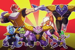 Size: 1280x854 | Tagged: safe, artist:littletigressda, spike, trixie, dragon, unicorn, anthro, g4, anime, burter, captain ginyu, crossover, dragon ball, dragon ball z, ginyu force, guldo, jeice, recoome, tokusentai