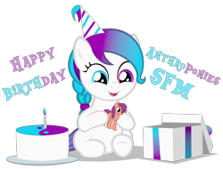Size: 5350x4060 | Tagged: safe, artist:strategypony, sunny starscout, oc, oc only, oc:aurora starling, earth pony, pony, g5, my little pony: a new generation, anthroponiessfm's birthday, birthday, birthday gift, braid, cute, daaaaaaaaaaaw, female, filly, foal, gradient mane, hat, heterochromia, missing accessory, ocbetes, party hat, present, simple background, toy, transparent background, yin-yang