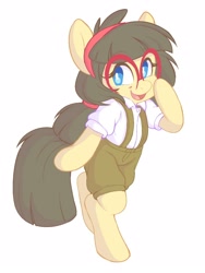 Size: 1200x1600 | Tagged: source needed, safe, artist:comfytail, oc, oc only, oc:sphee, earth pony, pony, bipedal, clothes, glasses, simple background, solo, white background