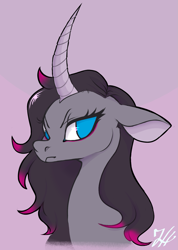 Size: 1183x1657 | Tagged: safe, artist:zayrixx, oleander (tfh), pony, unicorn, them's fightin' herds, community related, curved horn, frown, horn, looking at you, purple background, scowl, signature, simple background