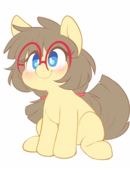 Size: 1200x1600 | Tagged: source needed, safe, artist:comfytail, oc, oc only, oc:sphee, earth pony, pony, blushing, cute, female, glasses, ocbetes, simple background, sitting, smiling, solo, white background