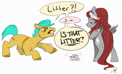 Size: 3466x2128 | Tagged: safe, artist:opalacorn, hitch trailblazer, oc, unnamed oc, earth pony, pegasus, pony, g5, my little pony: a new generation, angry, dialogue, duo, high res, littering, simple background, speech bubble, white background