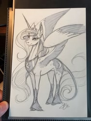 Size: 960x1280 | Tagged: safe, artist:probablyfakeblonde, princess luna, alicorn, pony, g4, cloven hooves, ear fluff, female, grayscale, leonine tail, long ears, mare, marker drawing, monochrome, pencil drawing, solo, tail, traditional art, unshorn fetlocks