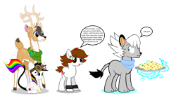 Size: 1024x563 | Tagged: safe, artist:frostthehobidon, oc, oc:alex voicer, oc:frostbite, oc:lightning bliss, oc:tyandaga, deer, earth pony, pegasus, pony, reindeer, clothes, comic, cookie, dialogue, food, plate, scarf, simple background, speech bubble, that deer sure does love cookies, transparent background