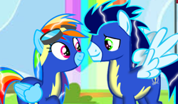 Size: 1234x720 | Tagged: safe, artist:mlplary6, rainbow dash, soarin', pegasus, pony, g4, rainbow falls, clothes, female, male, mare, ship:soarindash, shipping, stallion, straight, uniform, wonderbolts uniform