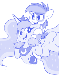 Size: 1200x1522 | Tagged: safe, artist:comfytail, pipsqueak, princess luna, alicorn, earth pony, pony, g4, colt, cute, duo, ethereal mane, female, happy, lunabetes, male, mare, monochrome, open mouth, open smile, shoulder ride, smiling, squeakabetes