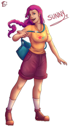 Size: 1600x2900 | Tagged: safe, artist:kabooramackraid, sunny starscout, human, g5, my little pony: a new generation, bag, breasts, female, high res, humanized, open mouth, open smile, simple background, smiling, solo, text, transparent background