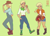 Size: 3600x2570 | Tagged: safe, artist:show-a-bit-of-teeth, applejack, human, g4, apple, applejack's hat, belt, boots, clothes, cowboy boots, cowboy hat, eyebrows, eyebrows visible through hair, female, flannel, food, freckles, green background, grin, hat, high res, humanized, jeans, overalls, pants, shirt, shoes, shorts, simple background, smiling, solo