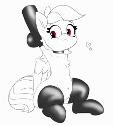 Size: 1079x1200 | Tagged: safe, artist:pabbley, rainbow dash, pegasus, pony, g4, armpits, belly, belly button, chest fluff, choker, clothes, floating heart, grayscale, heart, latex, latex socks, monochrome, partial color, simple background, sitting, socks, solo, white background