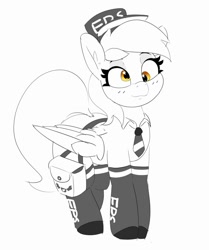 Size: 1002x1200 | Tagged: safe, artist:pabbley, derpy hooves, pegasus, pony, g4, cap, clothes, equestria's best mailmare, female, grayscale, hat, mailbag, mailmare, mare, monochrome, necktie, partial color, simple background, socks, solo, uniform, white background