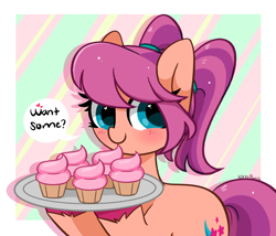 Size: 5019x4288 | Tagged: safe, artist:kittyrosie, sunny starscout, earth pony, pony, g5, my little pony: a new generation, abstract background, absurd resolution, alternate hairstyle, blushing, cupcake, cute, female, food, happy, heart, heart eyes, holding, kittyrosie is trying to murder us, looking at you, mare, pigtails, ponytail, simple background, smiling, smiling at you, solo, sunnybetes, text, twintails, unshorn fetlocks, wingding eyes