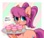 Size: 5019x4288 | Tagged: safe, artist:kittyrosie, sunny starscout, earth pony, pony, g5, my little pony: a new generation, abstract background, absurd resolution, alternate hairstyle, blushing, cupcake, cute, female, food, happy, heart, heart eyes, holding, kittyrosie is trying to murder us, looking at you, mare, pigtails, ponytail, simple background, smiling, smiling at you, solo, sunnybetes, text, twintails, unshorn fetlocks, wingding eyes