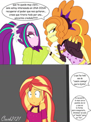 Size: 1280x1713 | Tagged: safe, artist:crock2121, adagio dazzle, aria blaze, sunset shimmer, equestria girls, equestria girls series, g4, spoiler:eqg series (season 2), betrayal, clothes, comic, cruise outfit, crying, dialogue, female, heartbreak, implied lesbian, music festival outfit, pigtails, sad, spanish, teary eyes, translated in the description, trio, trio female, twintails
