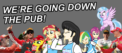 Size: 4096x1777 | Tagged: safe, artist:forzaveteranenigma, octavia melody, rainbow dash, silverstream, sunny starscout, sunset shimmer, oc, oc:applelauda, changeling, earth pony, hippogriff, human, pony, fanfic:equestria motorsports, equestria girls, g4, g5, my little pony: a new generation, alcohol, champagne, changeling oc, clothes, daniel ricciardo, drinking, drunk, earth pony oc, equestria girls-ified, fernando alonso, flats, g5 to equestria girls, generation leap, go home you're drunk, human coloration, hurry up harry, kevin magnussen, kimi raikkonen, michael schumacher, racing suit, sham69, shoes, shoey, simple background, song reference, thumbs up, watermark, wine