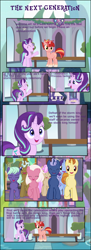 Size: 1846x5080 | Tagged: safe, artist:shootingstarsentry, clever musings, fuchsia frost, golden crust, midnight snack (g4), night view, november rain, starlight glimmer, strawberry scoop, oc, oc:star curve, earth pony, pony, unicorn, comic:the next generation, g4, comic, friendship student, implied storm king, implied twilight sparkle