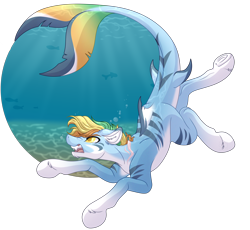 Size: 4014x3690 | Tagged: safe, artist:amazing-artsong, oc, oc only, fish, hybrid, merpony, art trade, bubble, crepuscular rays, fangs, fish tail, flowing tail, gills, ocean, open mouth, simple background, solo, sunlight, swimming, tail, teeth, transparent background, underwater, water, yellow eyes