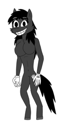 Size: 720x1544 | Tagged: safe, artist:fxmaf, oc, oc only, oc:cartoon pony, earth pony, anthro, unguligrade anthro, belly button, black fur, black mane, breasts, chest fluff, clothes, complete nudity, featureless breasts, featureless crotch, female, gloves, nudity, original art, simple background, smiling, solo, teeth, white background