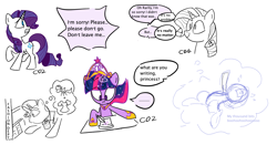 Size: 1680x878 | Tagged: safe, artist:一颗旋转的柚子, rarity, twilight sparkle, alicorn, pony, unicorn, fanfic:the enchanted library, g4, female, lesbian, quill, ship:rarilight, shipping, simple background, translation, twilight sparkle (alicorn), white background