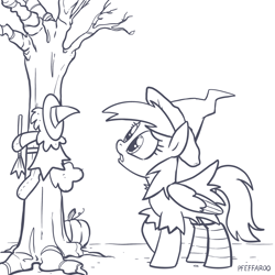 Size: 2048x2048 | Tagged: safe, artist:pfeffaroo, derpy hooves, pegasus, pony, g4, clothes, costume, halloween, halloween costume, hat, high res, looking at something, monochrome, plushie, pumpkin, solo, tree, witch costume, witch hat