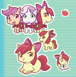 Size: 492x500 | Tagged: safe, artist:rao, apple bloom, scootaloo, sweetie belle, earth pony, pegasus, pony, unicorn, g4, apple, book, cape, clothes, cmc cape, cutie mark crusaders, female, filly, food, pencil