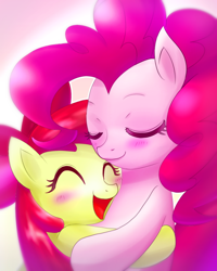 Size: 640x800 | Tagged: safe, artist:jurisalis, apple bloom, pinkie pie, earth pony, pony, g4, apple bloom's bow, blushing, bow, cute, duo, eyes closed, female, filly, friendshipping, hair bow, hug, mare, open mouth, smiling