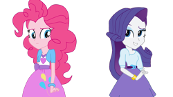 Size: 1366x768 | Tagged: safe, artist:herusann, pinkie pie, rarity, equestria girls, g4, my little pony equestria girls, clothes, cutie mark, cutie mark on clothes, dress, duo, female, frown, simple background, smiling, smirk, transparent background