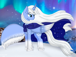 Size: 960x720 | Tagged: safe, artist:madlilon2051, oc, oc only, alicorn, pony, alicorn oc, aurora borealis, cape, clothes, colored wings, female, horn, looking back, mare, outdoors, snow, two toned wings, unshorn fetlocks, wings