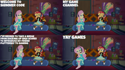 Size: 1280x720 | Tagged: safe, edit, edited screencap, editor:quoterific, screencap, fluttershy, sunset shimmer, equestria girls, g4, game stream, my little pony equestria girls: better together, eyes closed, female, gamer sunset, gamershy, geode of fauna, hairpin, headphones, jewelry, magical geodes, necklace, open mouth, open smile, sandals, shoes, smiling, sneakers