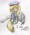 Size: 1498x1763 | Tagged: safe, artist:alcidence, derpy hooves, pegasus, pony, g4, blush sticker, blushing, box, clothes, colored pupils, grammar error, hat, mailmare, misspelling, necktie, shirt, solo, text, tongue out, traditional art