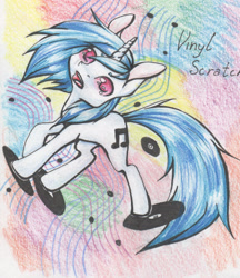 Size: 1424x1647 | Tagged: safe, artist:alcidence, dj pon-3, vinyl scratch, pony, unicorn, g4, abstract background, missing accessory, no pupils, record, solo, traditional art