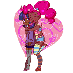 Size: 600x600 | Tagged: safe, artist:jazzie-simone, pinkie pie, twilight sparkle, human, g4, alternate hairstyle, clothes, dark skin, eyes closed, female, heart, hug, hug from behind, humanized, lesbian, overalls, pigtails, sandals, ship:twinkie, shipping, smiling, socks, striped socks
