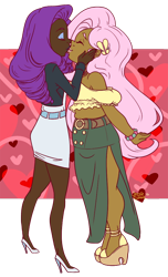 Size: 474x779 | Tagged: safe, artist:jazzie-simone, fluttershy, rarity, human, clothes, dark skin, dress, eyes closed, female, flarity, hairclip, high heels, humanized, kissing, lesbian, shipping, shoes, simple background, skirt, smiling, transparent background