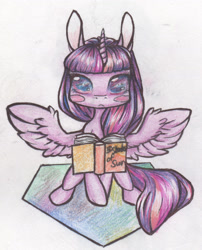 Size: 1250x1548 | Tagged: safe, artist:alcidence, part of a set, twilight sparkle, alicorn, pony, g4, blush sticker, blushing, book, colored pupils, reading, solo, spread wings, traditional art, twilight sparkle (alicorn), wings