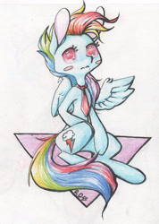 Size: 1349x1895 | Tagged: safe, artist:alcidence, part of a set, rainbow dash, pegasus, pony, g4, blush sticker, blushing, colored pupils, necktie, one wing out, solo, traditional art, wings