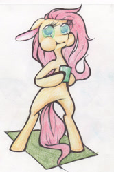 Size: 1283x1928 | Tagged: safe, artist:alcidence, part of a set, fluttershy, pony, g4, aweeg*, bipedal, colored pupils, cup, floppy ears, hoof hold, puffy cheeks, solo, traditional art, wingless