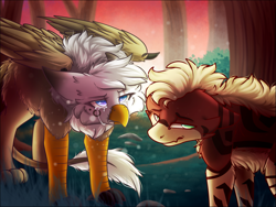 Size: 2885x2165 | Tagged: safe, artist:sketchytwi, oc, oc only, earth pony, griffon, pony, chest fluff, duo, earth pony oc, forest, griffon oc, high res, sunset, tree, wings