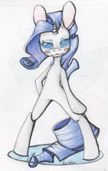 Size: 1283x2036 | Tagged: safe, artist:alcidence, part of a set, rarity, pony, unicorn, g4, bipedal, blush sticker, blushing, colored pupils, female, solo, traditional art