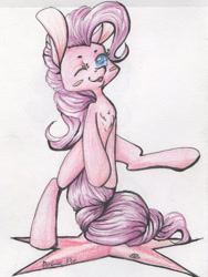 Size: 1366x1821 | Tagged: safe, artist:alcidence, part of a set, pinkie pie, earth pony, pony, g4, bipedal, blush sticker, blushing, chest fluff, colored pupils, one eye closed, solo, traditional art