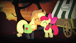 Size: 1280x720 | Tagged: safe, screencap, apple bloom, applejack, earth pony, pony, g4, season 4, somepony to watch over me, adorabloom, boots, cute, duo, duo female, female, filly, fireproof boots, jackabetes, reconciliation, shoes