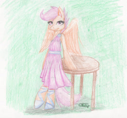 Size: 2491x2326 | Tagged: safe, artist:alcidence, scootaloo, pegasus, semi-anthro, g4, arm hooves, clothes, dress, high res, solo, table, traditional art