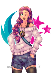 Size: 1047x1459 | Tagged: safe, artist:malinraf1615, sunny starscout, human, g5, my little pony: a new generation, clothes, female, humanized, one eye closed, shorts, simple background, solo, sweater, white background, wink