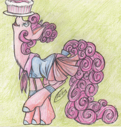 Size: 1622x1705 | Tagged: safe, artist:alcidence, pinkie pie, earth pony, pony, g4, balancing, cake, clothes, food, ponies balancing stuff on their nose, shirt, skirt, socks, solo, traditional art
