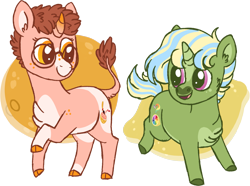 Size: 1951x1452 | Tagged: safe, artist:queenderpyturtle, oc, oc only, oc:citra limon, oc:grapefruit autumn, pony, unicorn, chibi, female, mare, simple background, transparent background