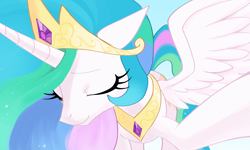 Size: 3852x2316 | Tagged: safe, artist:marbola, princess celestia, alicorn, pony, g4, crown, eyelashes, eyes closed, female, high res, horn, jewelry, mare, peytral, ponybooru import, regalia, smiling, solo, spread wings, wings