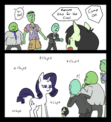 Size: 1000x1100 | Tagged: safe, artist:happy harvey, rarity, oc, oc:anon, oc:filly anon, earth pony, human, pony, unicorn, g4, cargo shorts, clapping, clothes, colored pupils, fat, female, filly, hawaiian shirt, insult, male, mare, meme, phone drawing, ponified, raricow, rarity is not amused, reference to another series, shirt, simple background, suit, unamused, white background, yotsuba